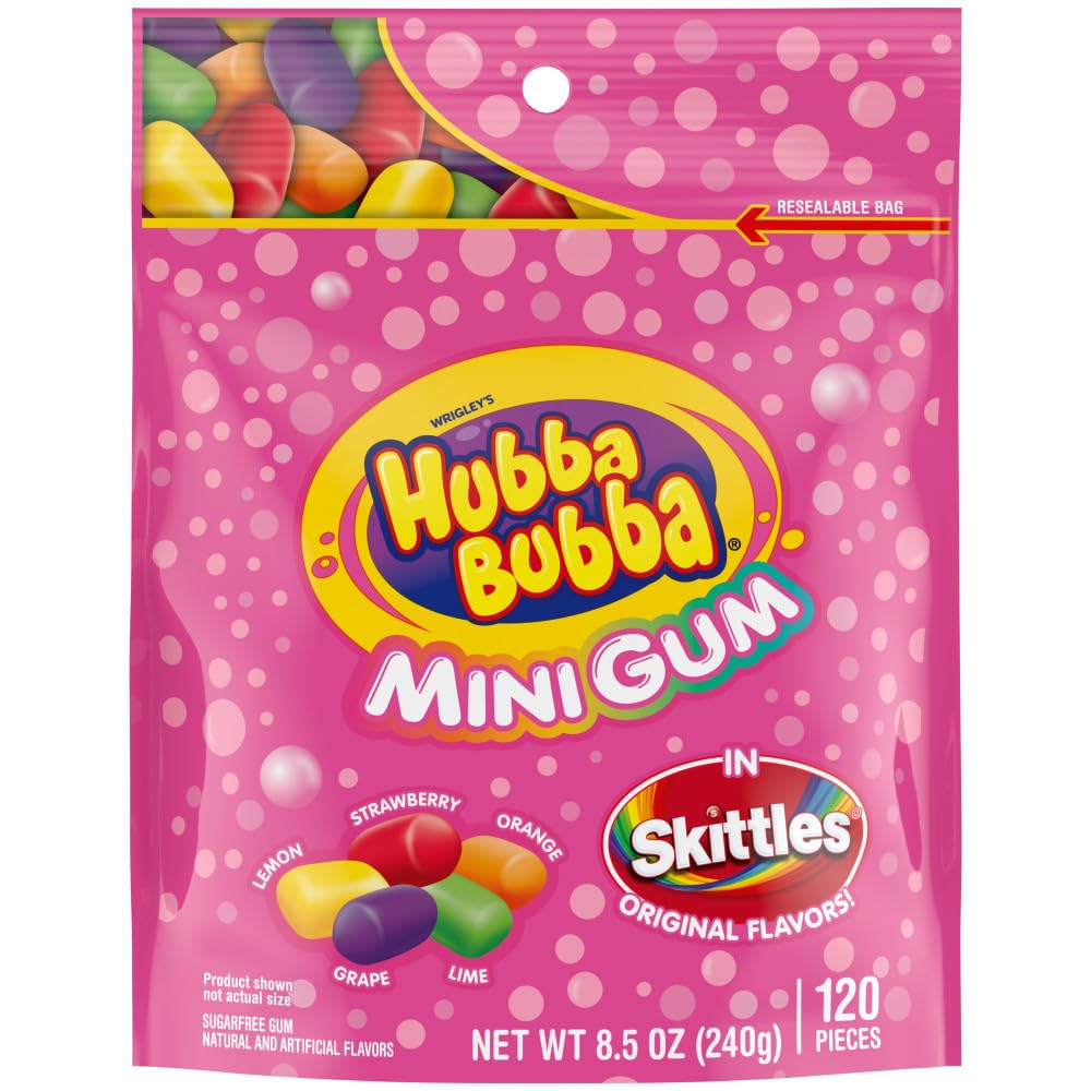 HUBBA BUBBA Minis SKITTLES Flavored Sugar Free Gum, Bubble Gum Packs, Candy Bulk, Resealable Bulk Bag