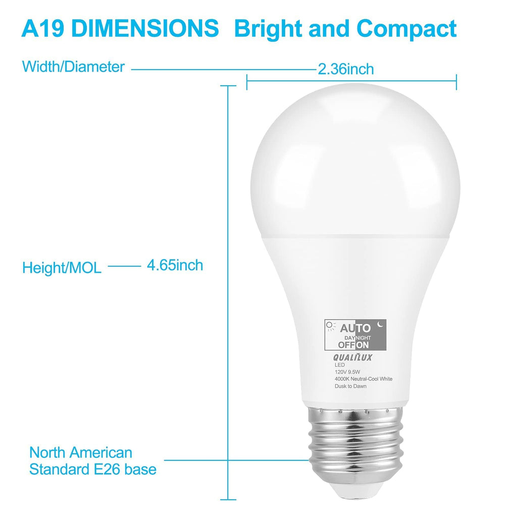Qualilux Dusk to Dawn A19 LED Light Bulbs 850LM, 60W Equivalent, Daylight, Energy-Efficient 9.5W, A19, E26 Base, 2-Pack, HQ-H011