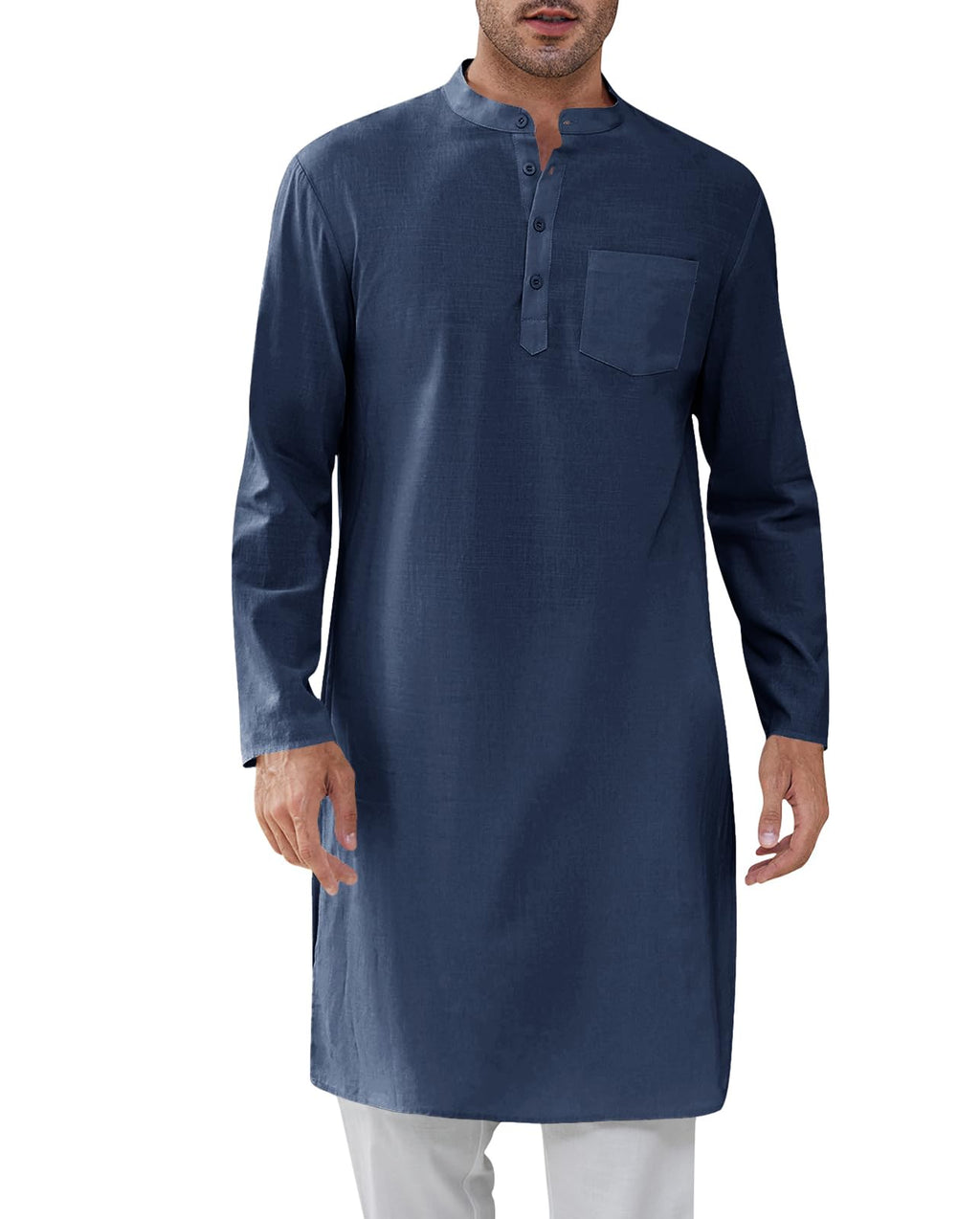 Gafeng Mens Kaftan Robe Button Down Long Sleeve Henley Cotton Thobe Casual Side Split Gown Shirt