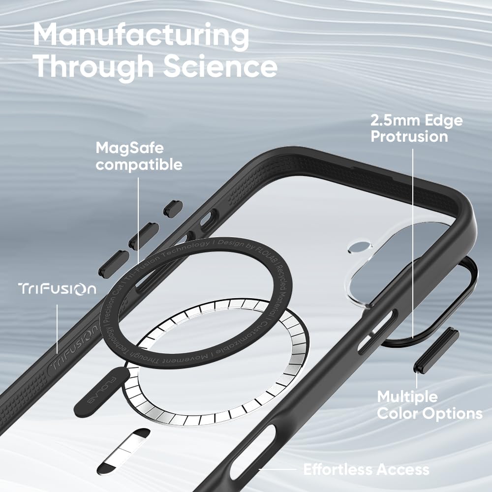 FLOLAB Surtect Tri-Fusion Magnetic for iPhone 16 Case Protective Slim Design Magsafe Compatible Military Grade - Black Clear