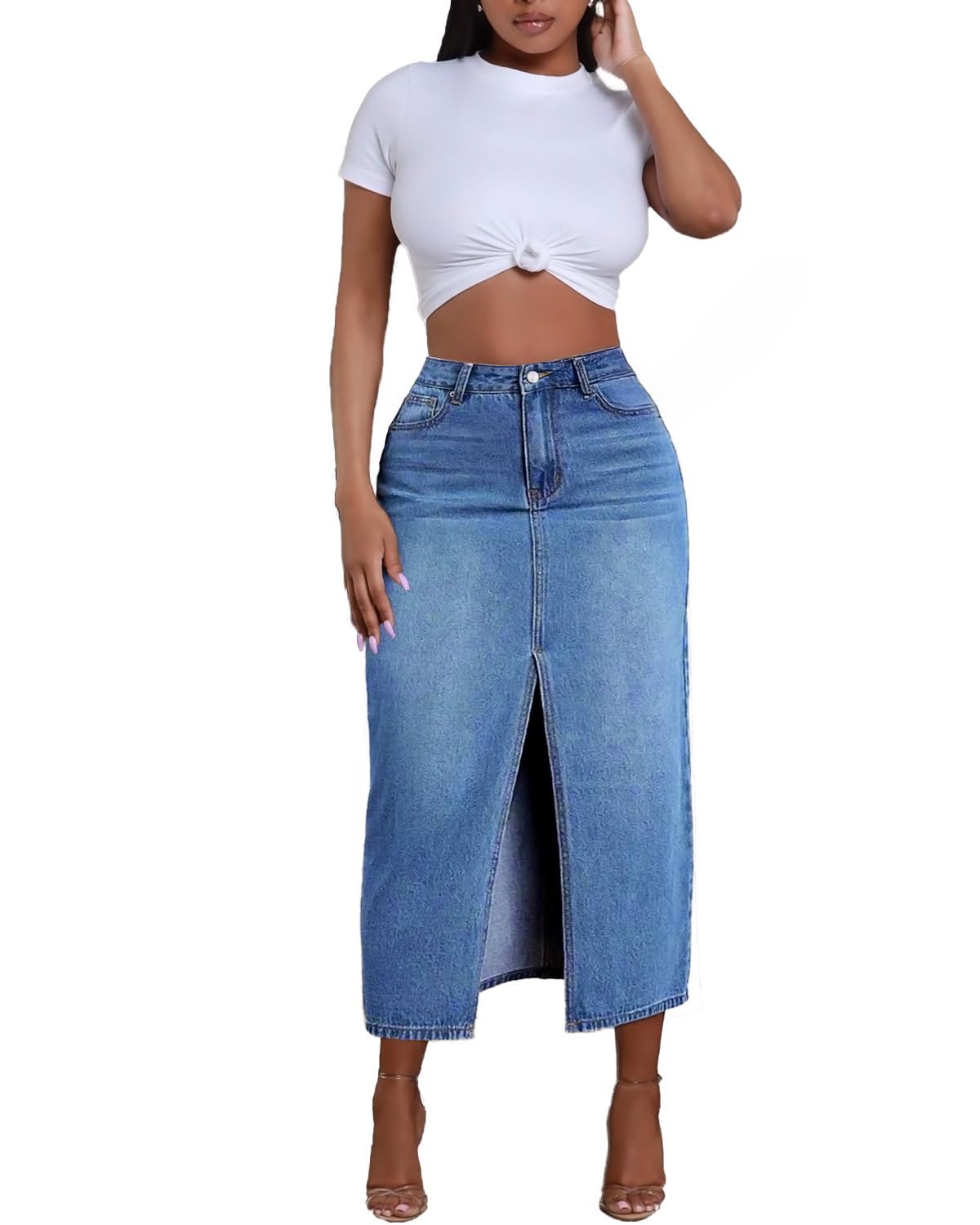 Jean Skirt for Women Denim Skirt High Waist Stretch Midi Denim Skirts with Pockets