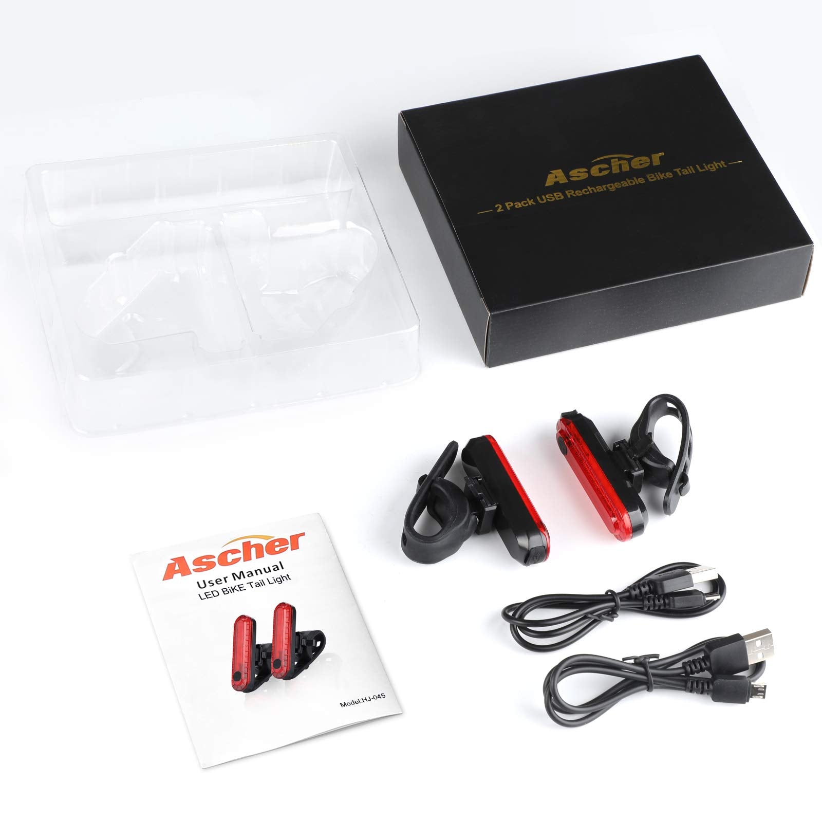 Ascher USB Rechargeable LED Bike Tail Lights 2 Pack, Bright Bicycle Cycling Rear Light, 4 Light Mode Options Safety Bike Light for Adults Kids Men Women Road Mountain(2 USB Cables Included)
