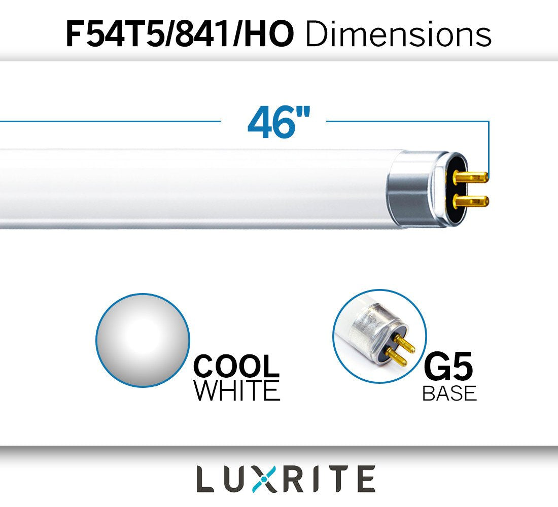 LUXRITE F54T5/841/HO 54W 46 Inch T5 Fluorescent Tube Light Bulb, 4100K Cool White, 4200 Lumens, G5 Mini Bi-Pin Base, LR20770, 4-Pack