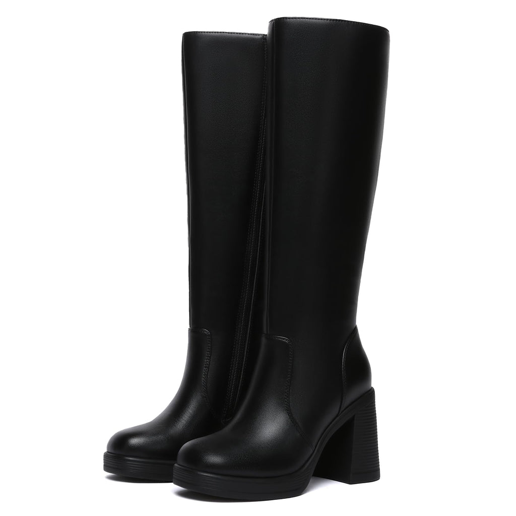 Athlefit Black Knee High Boots for Women Platform Tall Boots Fashion Square Toe Chunky Heeled Booties