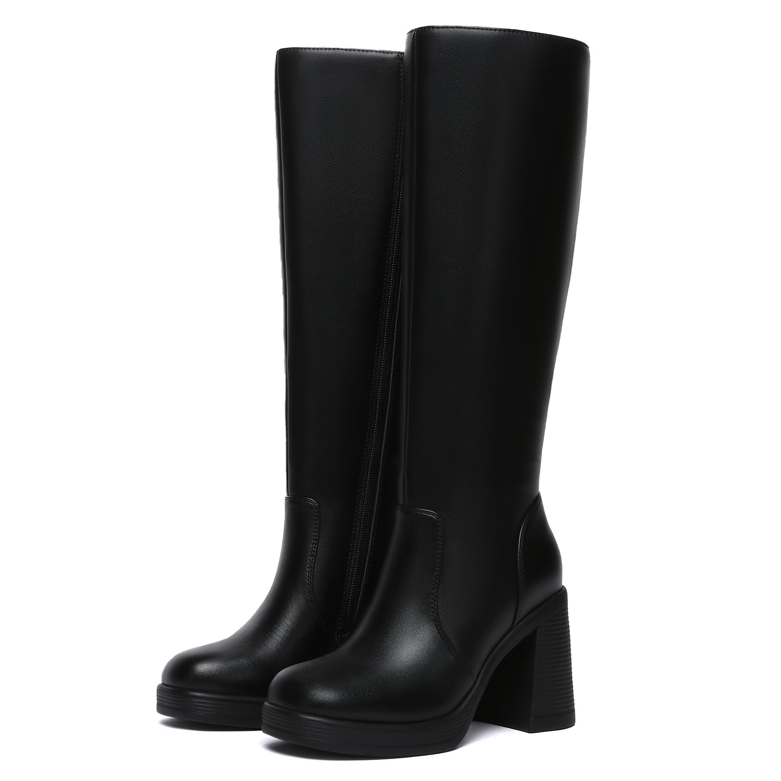 Athlefit Black Knee High Boots for Women Platform Tall Boots Fashion Square Toe Chunky Heeled Booties