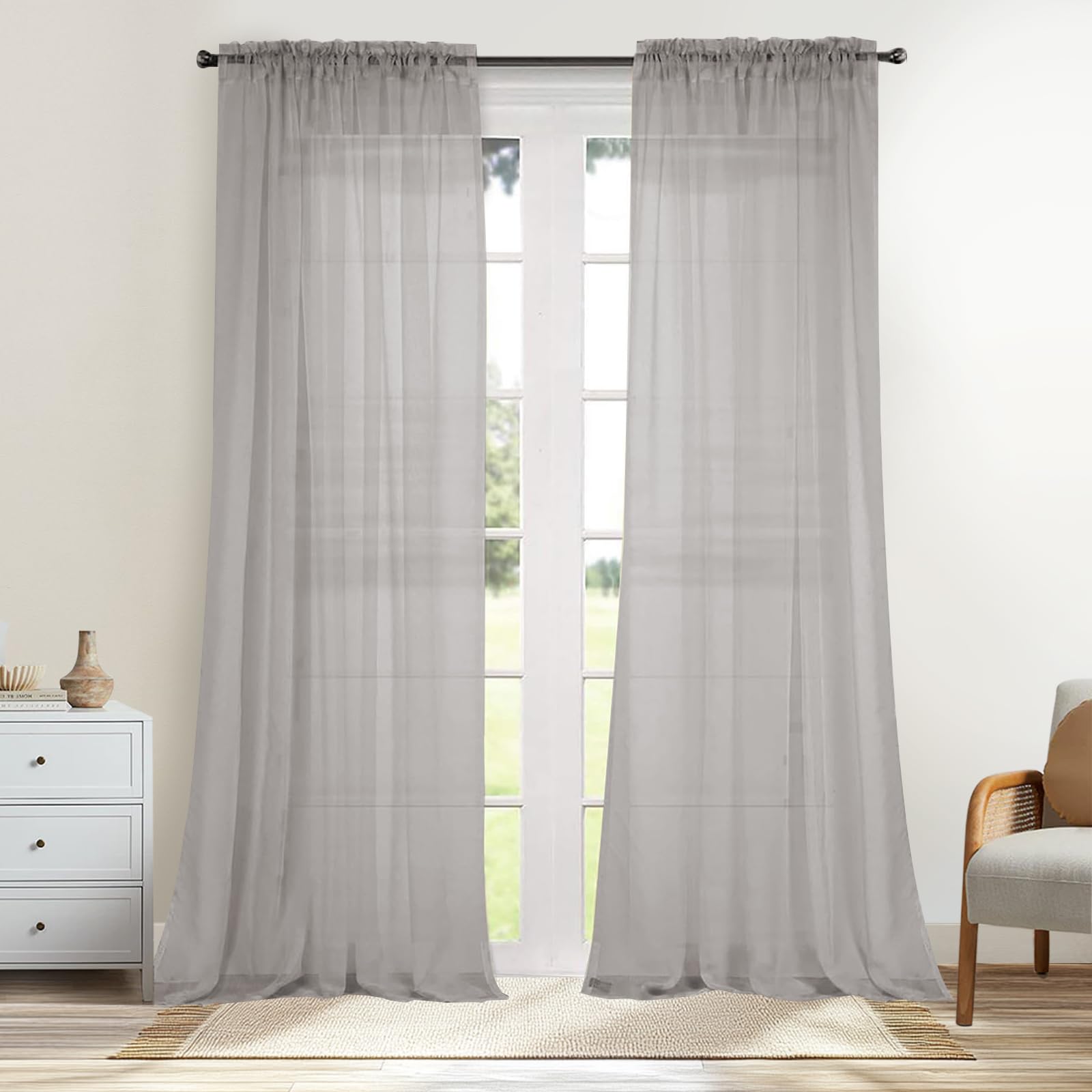 Dreaming Casa Solid Sheer Curtains 84 Inches Long Grey Rod Pocket Voile Draperies for Bedroom Living Room, 2 Panels, Each 42" W x 84" L