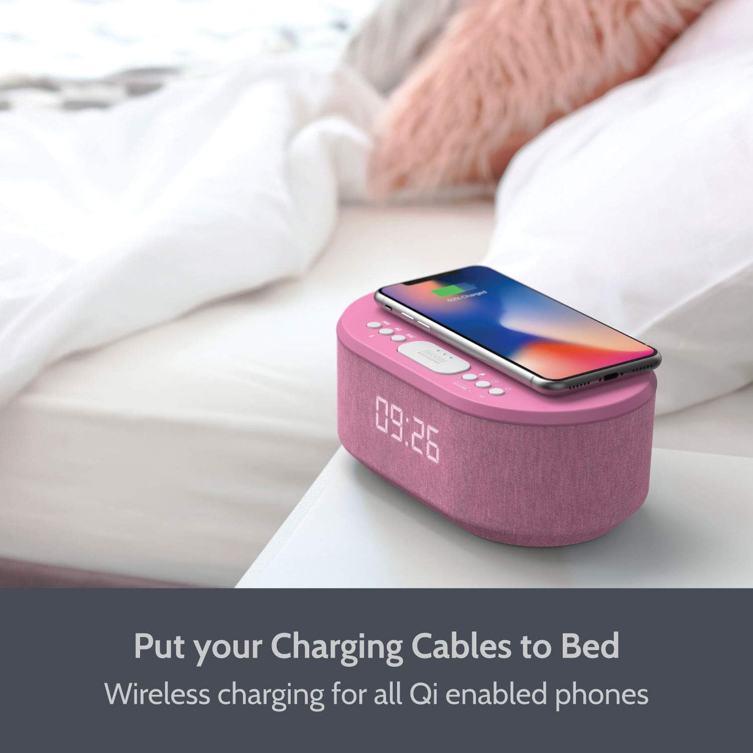i-box Dawn, Alarm Clock Radio, Alarm Clocks for Bedrooms, FM Radio, Alarm Clock with Wireless Charging, Wireless Speakers with Bluetooth, Digital Alarm Clock, USB Port, Dimmable Night Light (Pink)