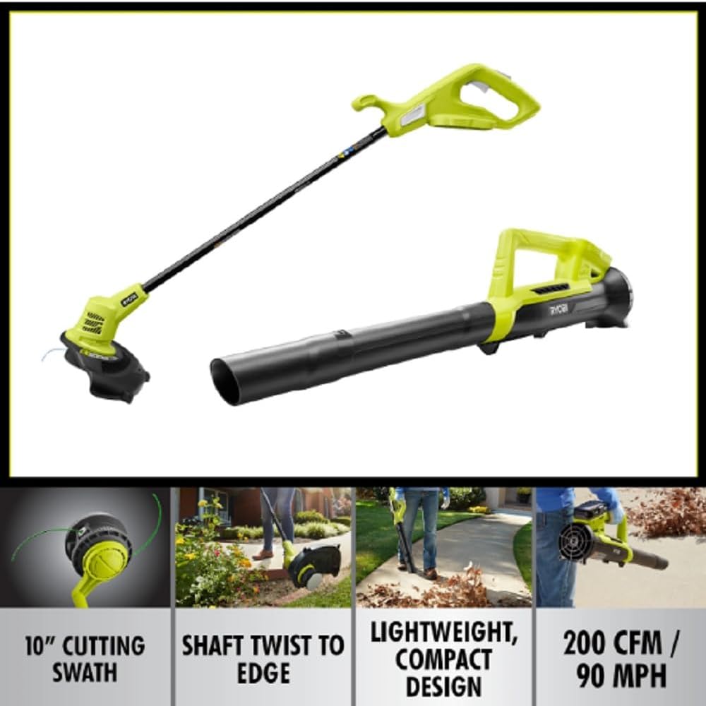 RYOBI 18V ONE+ 10-inch Cordless Battery String Trimmer and Blower with 2.0 Ah Battery and Charger