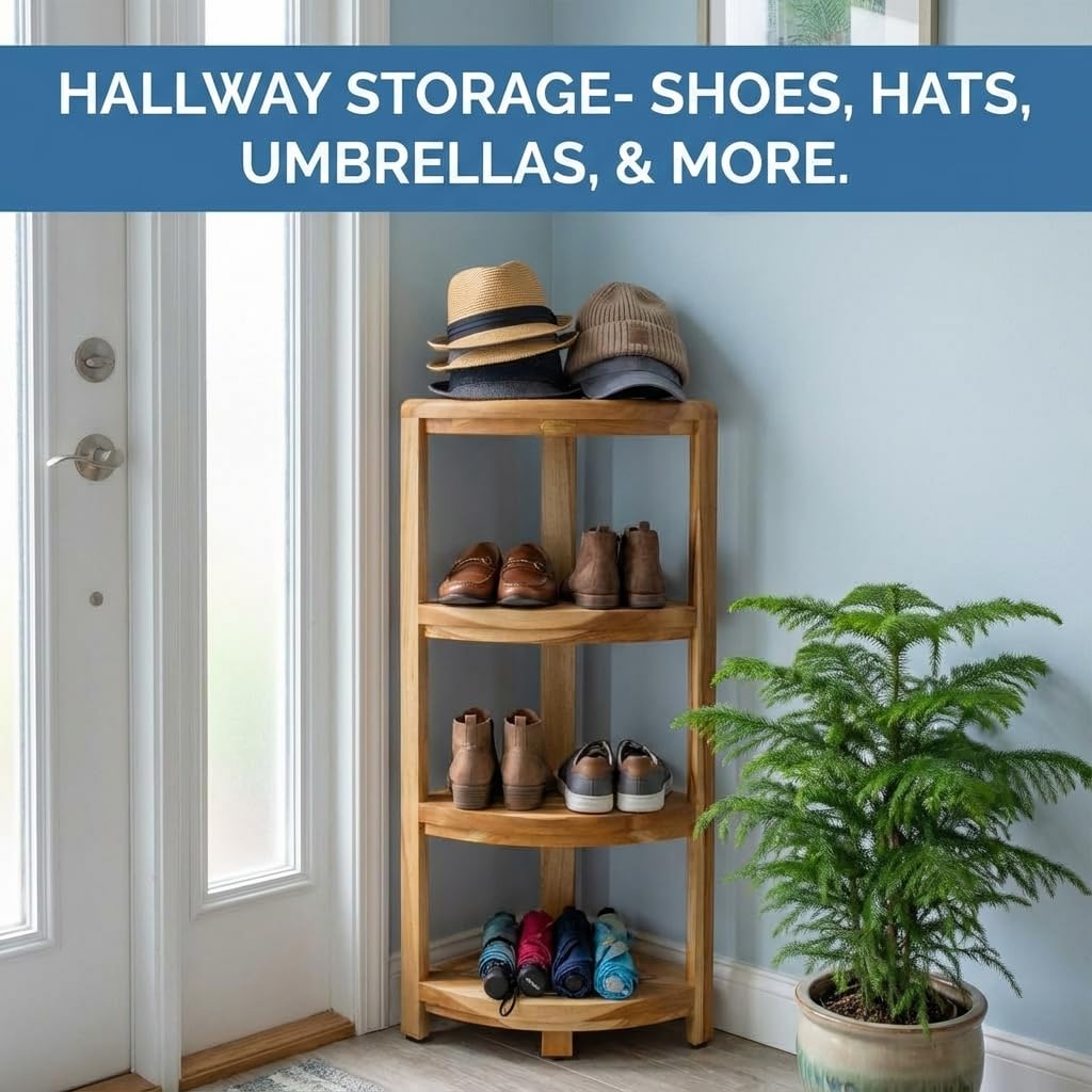 DecoTeak Teak Corner Shower Shelf – 2 Tier Waterproof Bathroom Storage Organizer Compact Wood Storage | Water-Resistant Design | Space Saver for Showers & Small Bathrooms | Shaving Foot Rest
