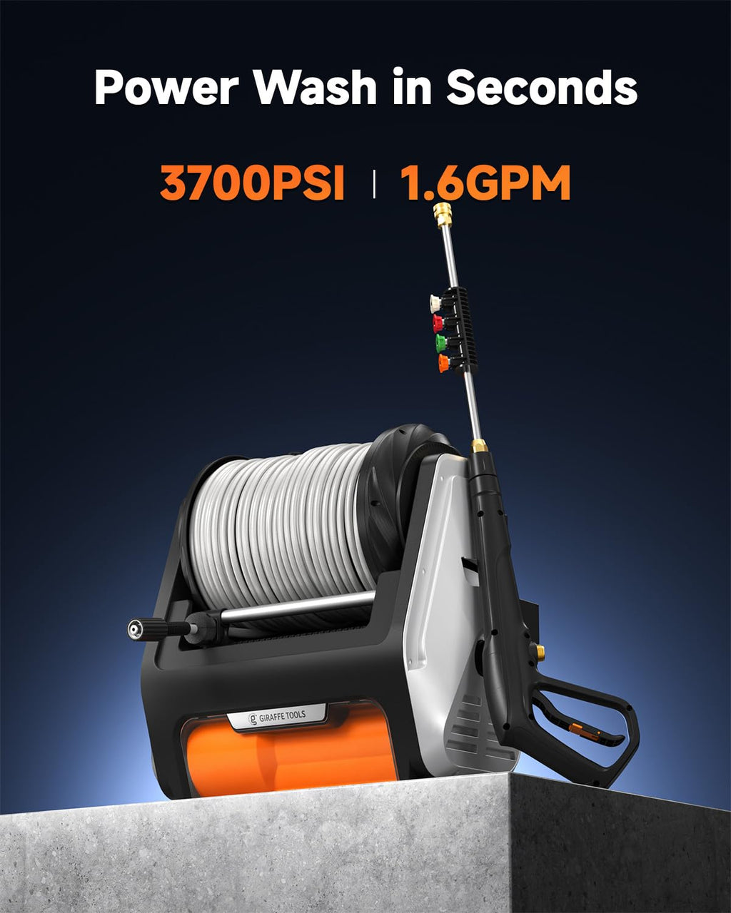 Giraffe Tools Grandfalls Retractable Wall Mounted Pressure Washer Pro, 3700 PSI, 1.6 GPM Electric Power Washer, Automatic Rewind, 100ft Pressure Hoses, 5 Nozzles for Cars/Fences/Patios, Dark Silver