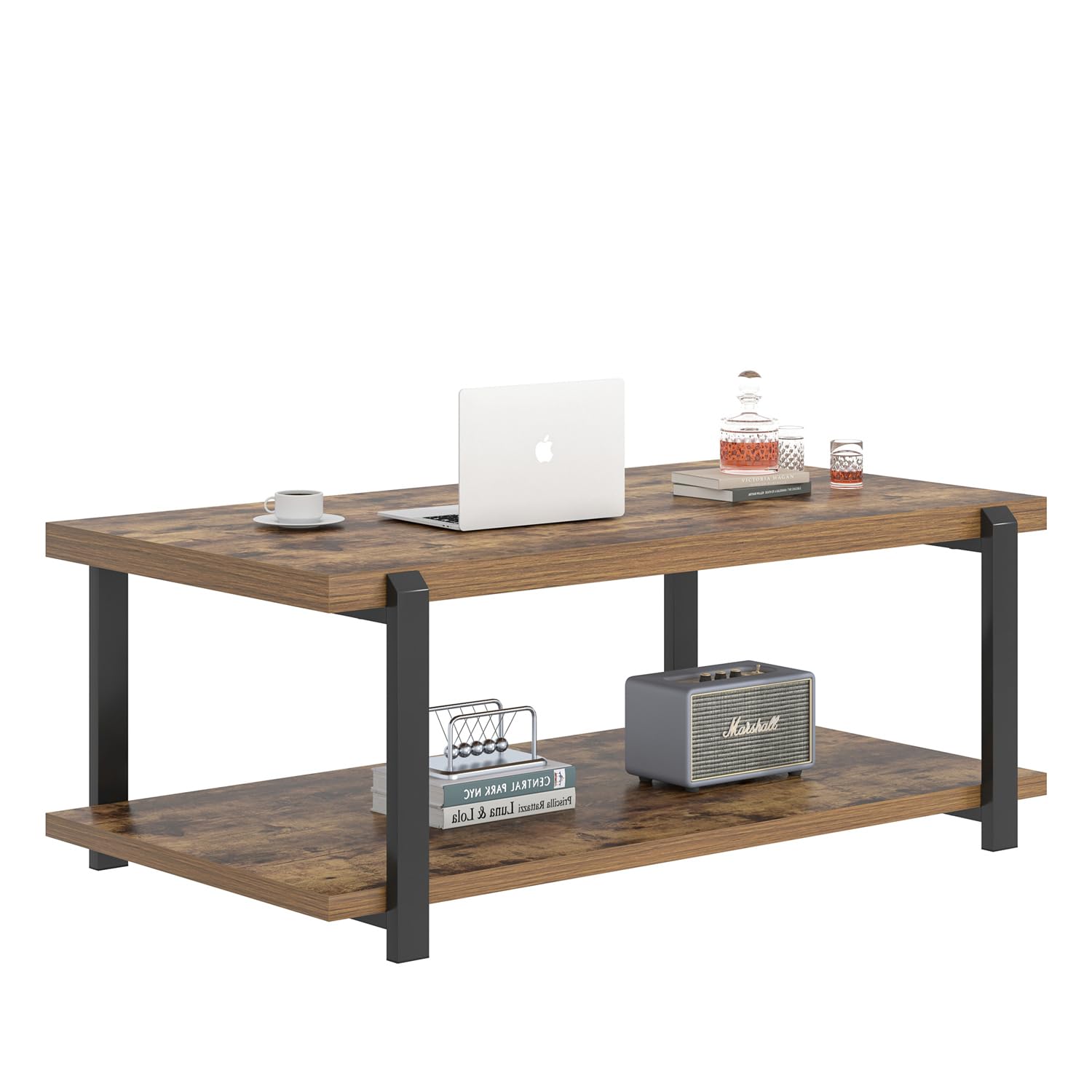 FOLUBAN Black Coffee Table, Modern Rustic Wood Center Table with Storage for Living Room, Industrial Rectangle 2 Tier Cocktail Tea Table, Black Oak
