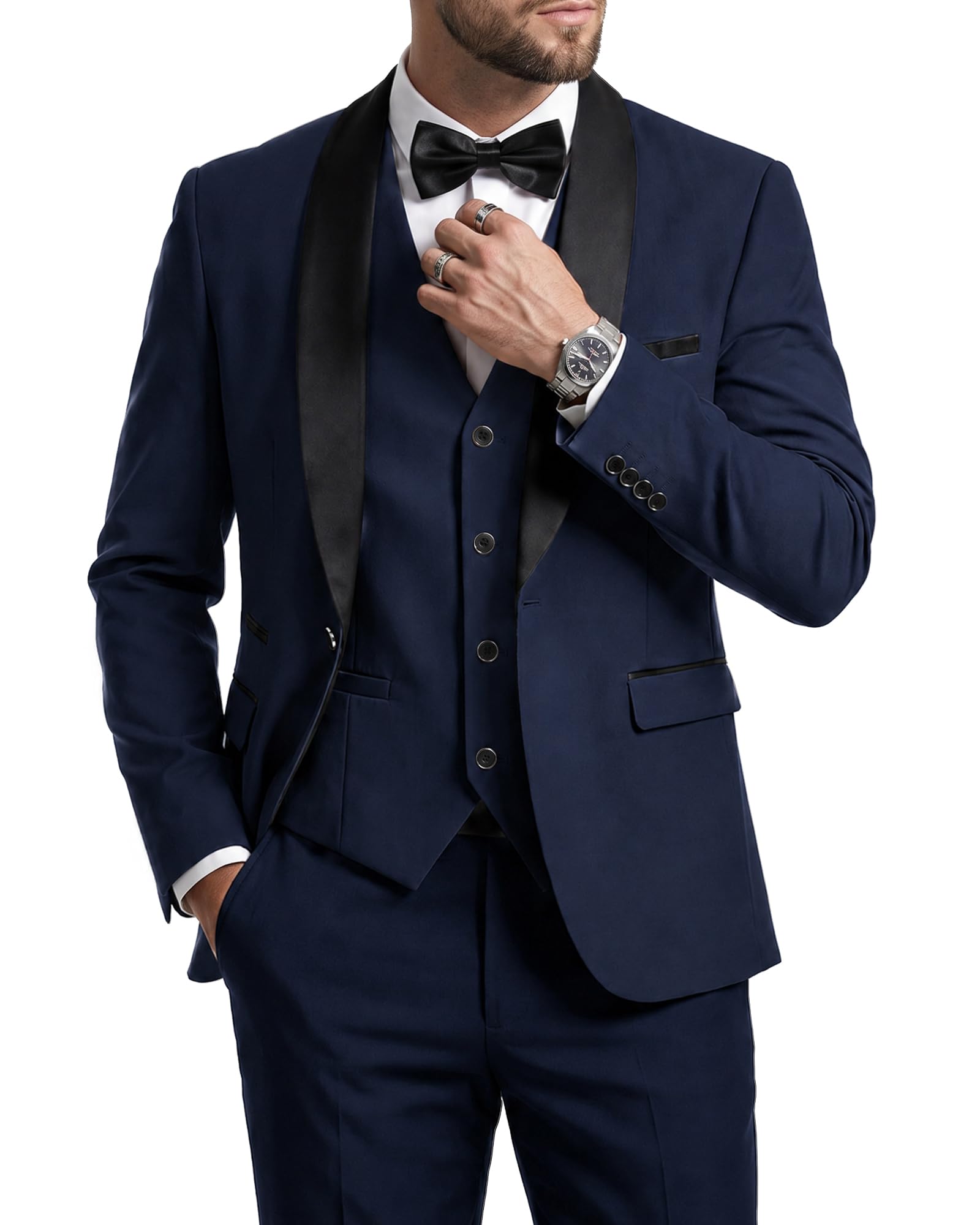 MrSure Men’s 3 Piece Slim Fit Suit, One Button Shawl Lapel Tuxedo, Premium Dinner Jacket Vest Pants & Tie Set