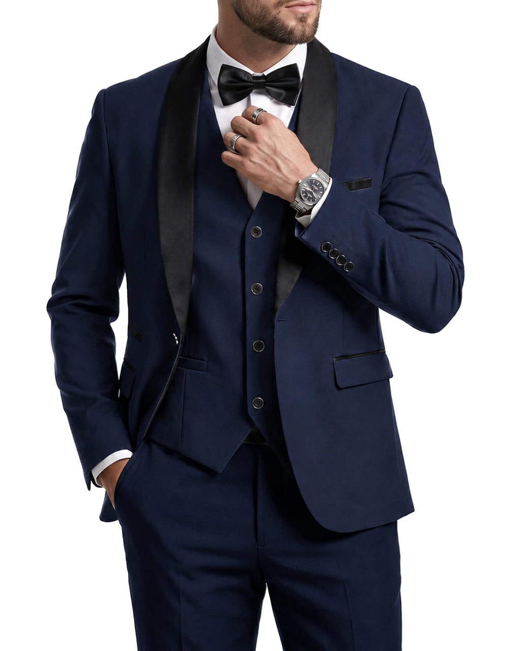 MrSure Men’s 3 Piece Slim Fit Suit, One Button Shawl Lapel Tuxedo, Premium Dinner Jacket Vest Pants & Tie Set