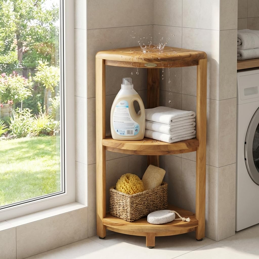 DecoTeak Teak Corner Shower Shelf – 2 Tier Waterproof Bathroom Storage Organizer Compact Wood Storage | Water-Resistant Design | Space Saver for Showers & Small Bathrooms | Shaving Foot Rest