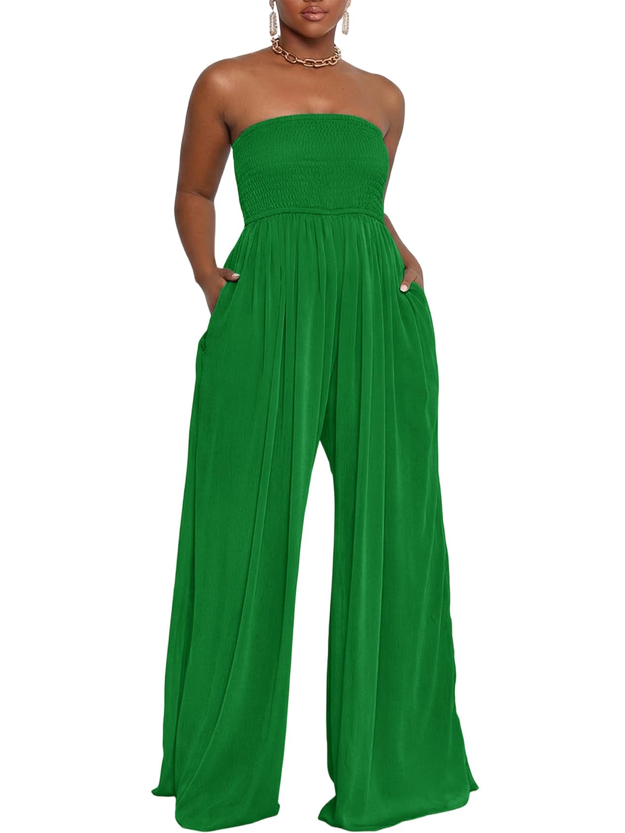Ophestin Women's Strapless Tube Wide Leg Jumpsuits Smocked Women Jumpsuits Dressy Casual Flowy One Piece Jumpsuits Rompers