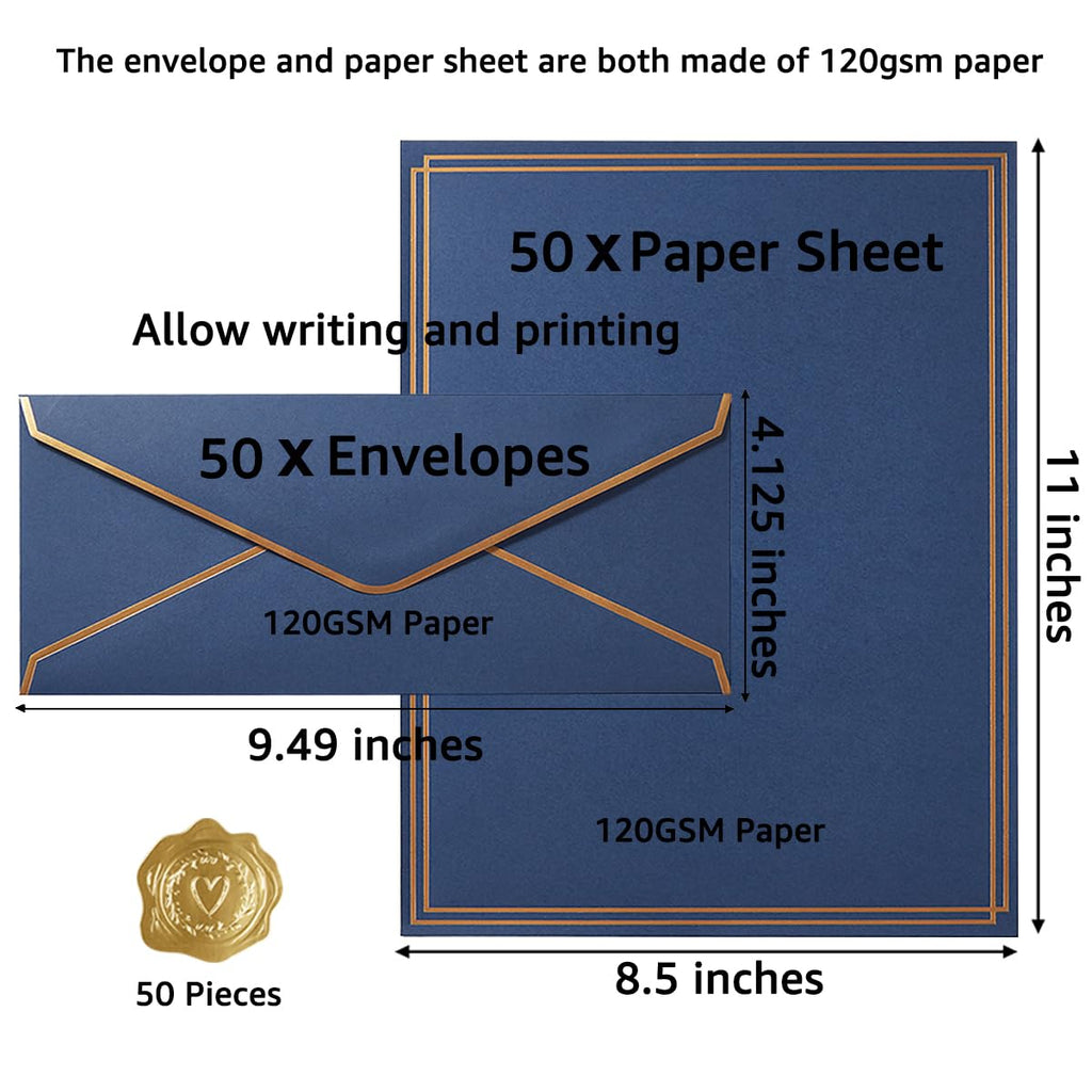 50 Pack Stationery Set with Envelopes, Cream Color, 8.5x11 Inches | Gold Border, #10 Business Envelopes and 8.5x11 Paper Sheets, Stickers for Letter Writing, Invitations