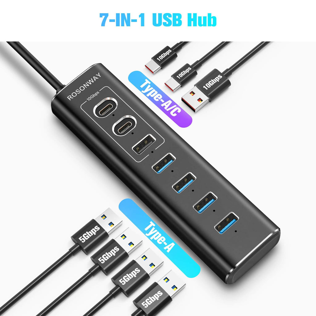 USB Hub 3.0 Powered Rosonway Aluminum 7 Ports USB 3.0 Data Hub Splitter with 24W (12V/2A) Power Adapter and Individual On/Off Switches USB Port Expander for PC and Laptop (RSH-A37S)