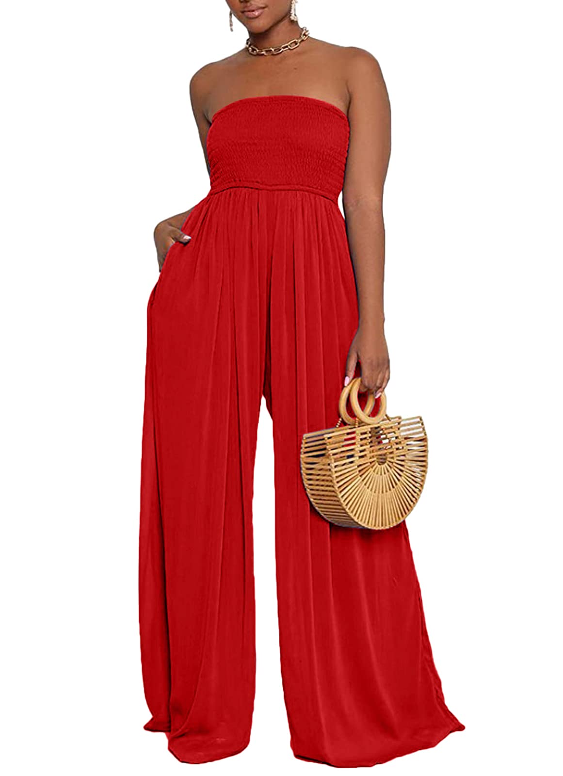 Ophestin Women's Strapless Tube Wide Leg Jumpsuits Smocked Women Jumpsuits Dressy Casual Flowy One Piece Jumpsuits Rompers