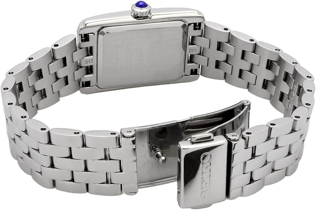 Seiko SWR083 Rectangular Watch - Essentials Collection - Roman Numeral Dial, Blue Hands, Stainless Steel Bracelet, and 50m Water Resistance