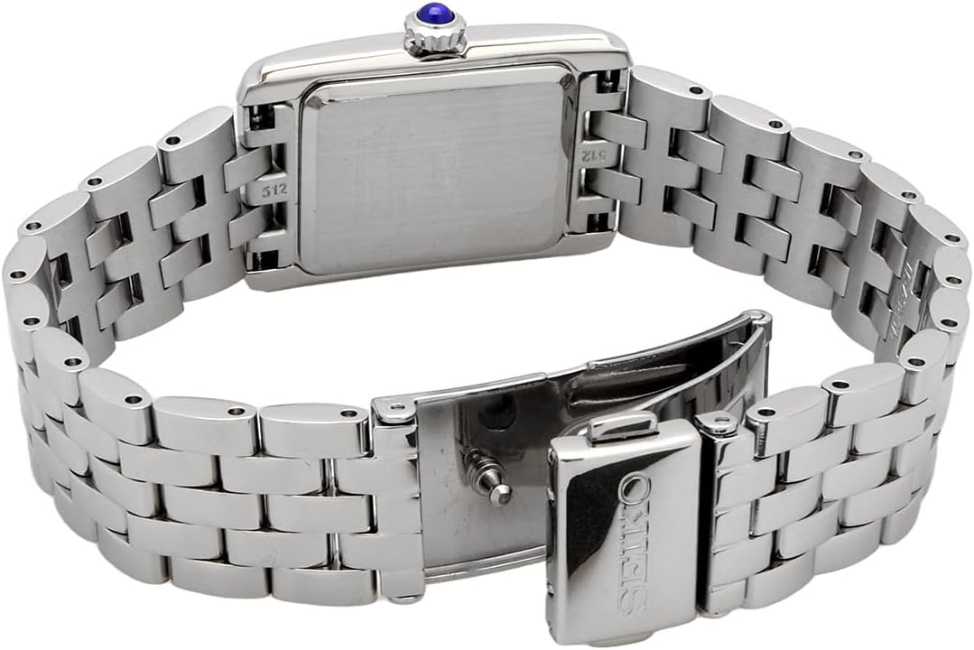 Seiko SWR083 Rectangular Watch - Essentials Collection - Roman Numeral Dial, Blue Hands, Stainless Steel Bracelet, and 50m Water Resistance