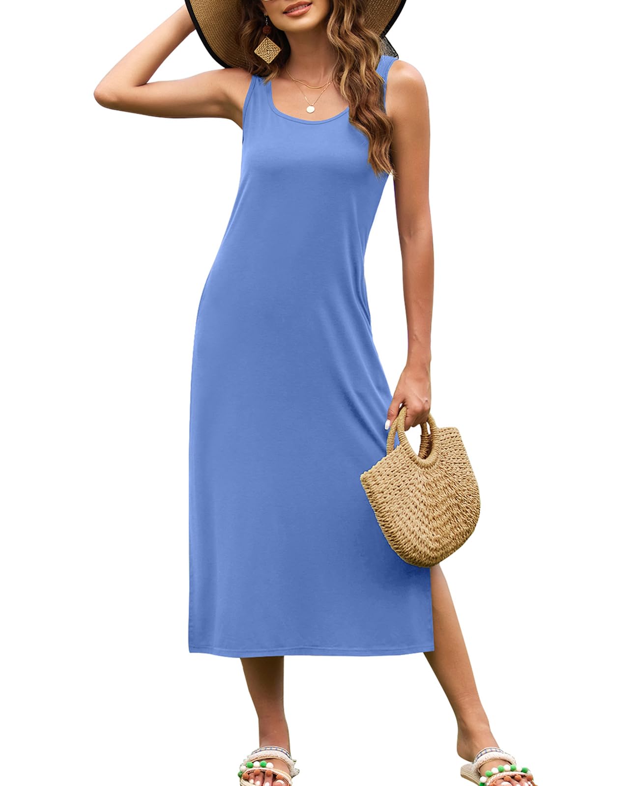Naggoo Women's Sleevelee Tank Dress Midi Summer Casual Scoop Neck Basic Split Maxi Tshirt Sundresses with Pockets