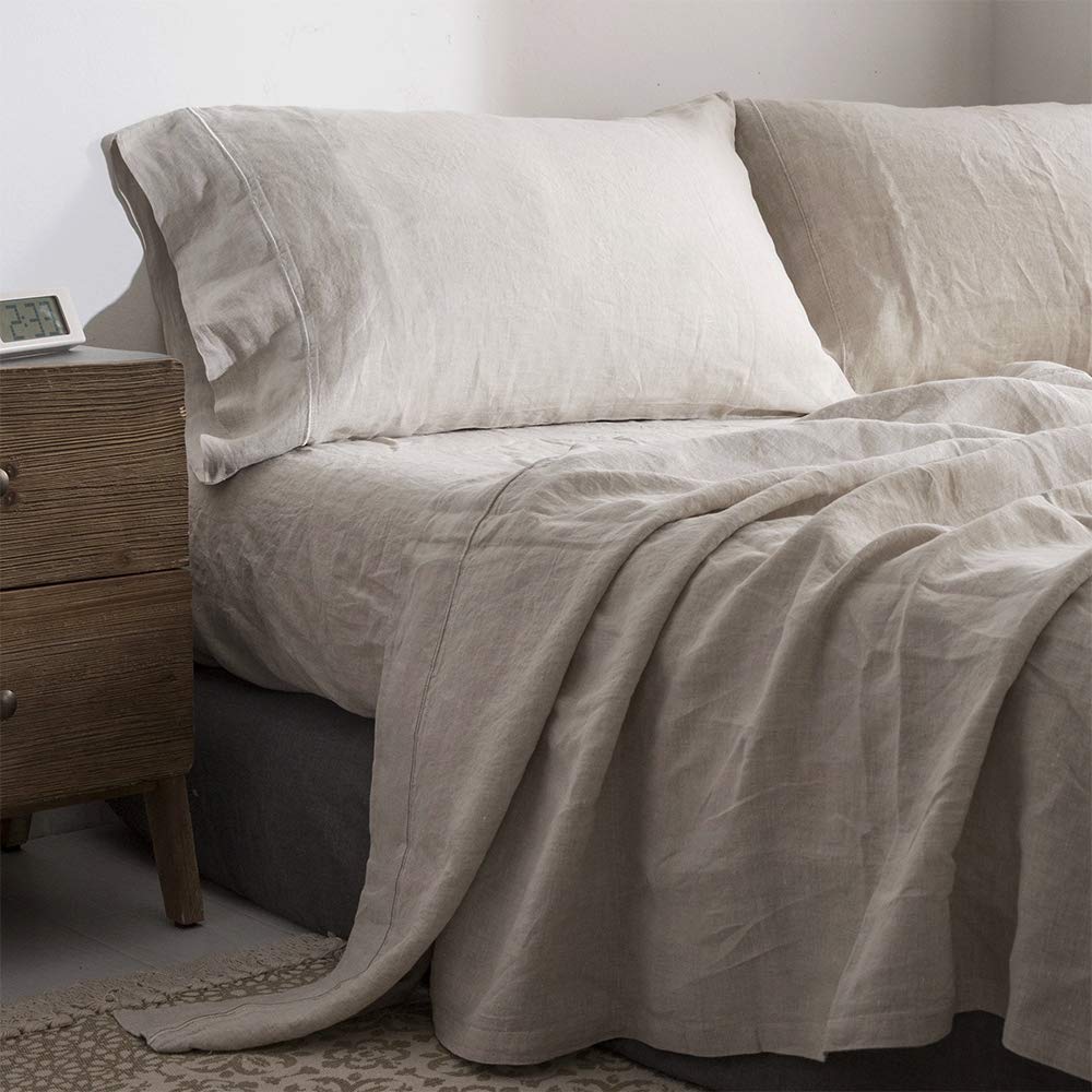 Simple&Opulence 100% Pure Linen Sheet Set Twin Size, Natural French Flax Solid Color 3 Pcs Washed Breathable, Farmhouse Bedding (1 Flat Sheet,1 Fitted Sheet,1 Pillowcase)-Embroidery Dark Grey
