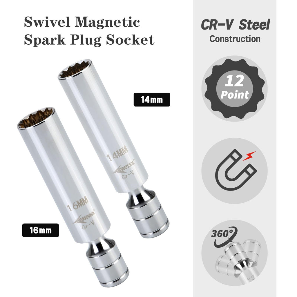 AEROFORCE 3/8-Inch Drive Spark Plug Socket Set 8PCS - Includes 6 Point Sockets 5/8-inch, 3/4-inch and 13/16-inch, 12 Point Sockets 14mm&18mm, 2 Extension Bars,Universal Joint