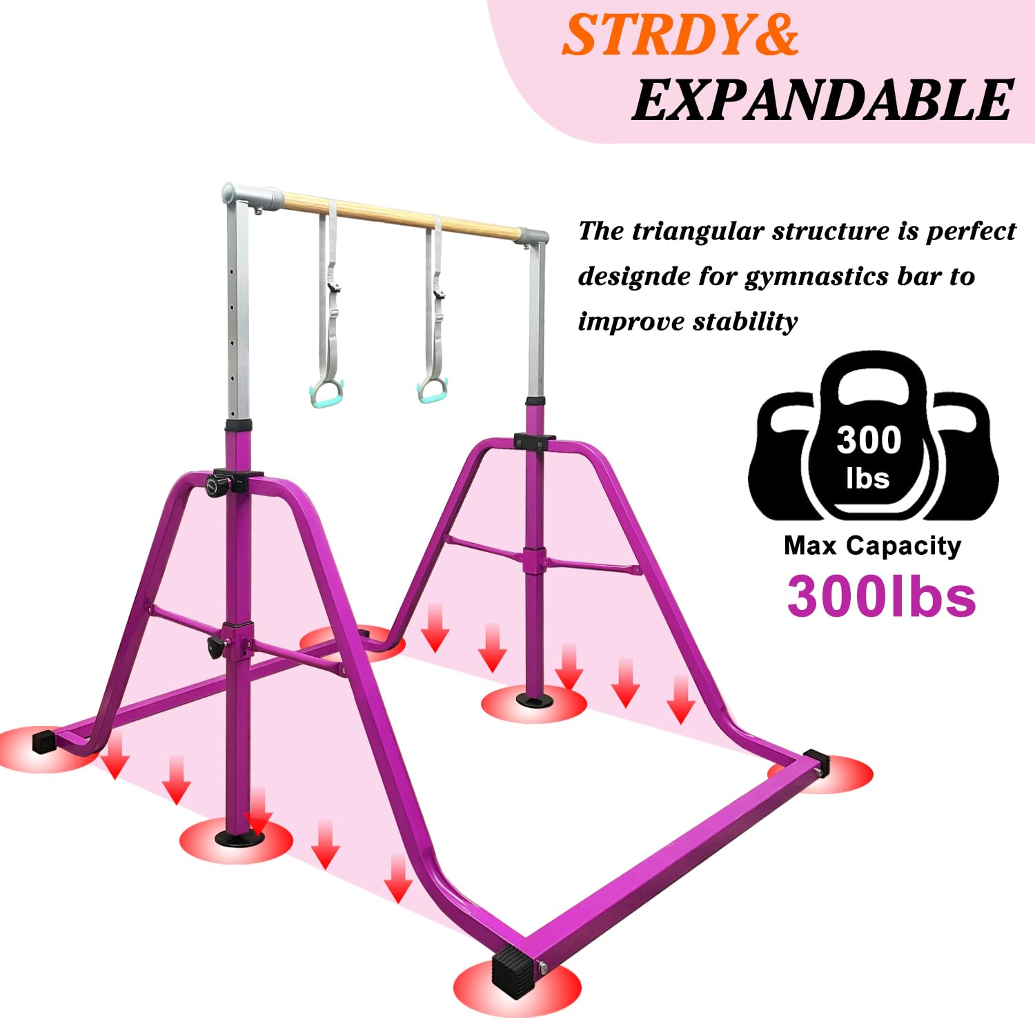 Foldable & Moveable Gymnastics Horizontal Bar with Rings,3’to 5’Adjustable Height Expandable Junior Kip Bar for Home,Indoor Gym Equipment for Kids