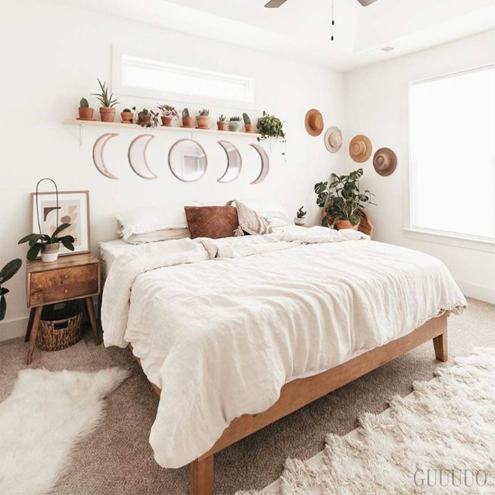 Scandinavian Decor 5-Piece Acrylic Wall Decor - Wooden Moon Phase Mirror, Bohemian Design for Living Room, Bedroom - Beige