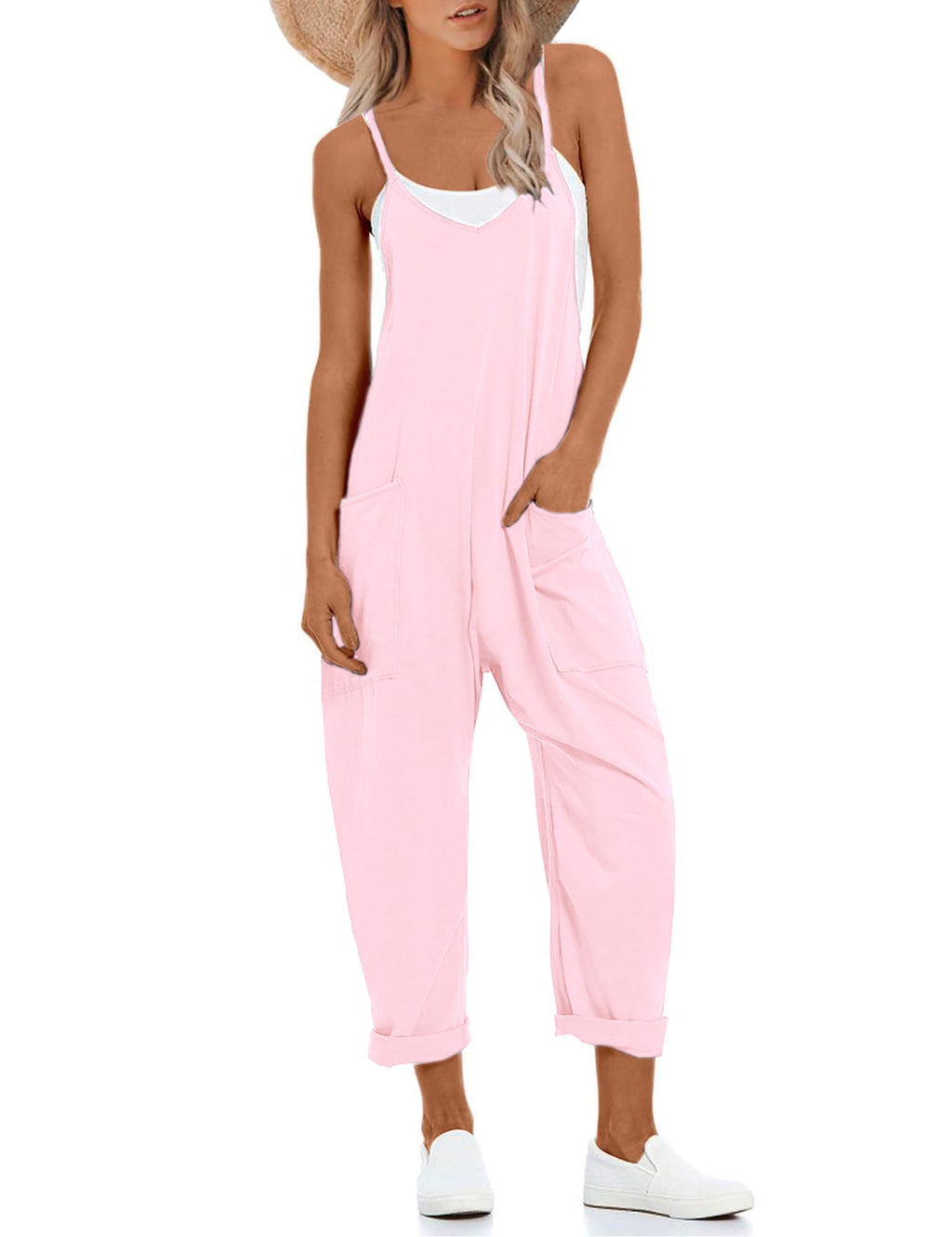 Lentta Women's Causal Jumpsuits V Neck Sleeveless Harem Overalls Stretchy Adjustable Strap Romper with Pockets