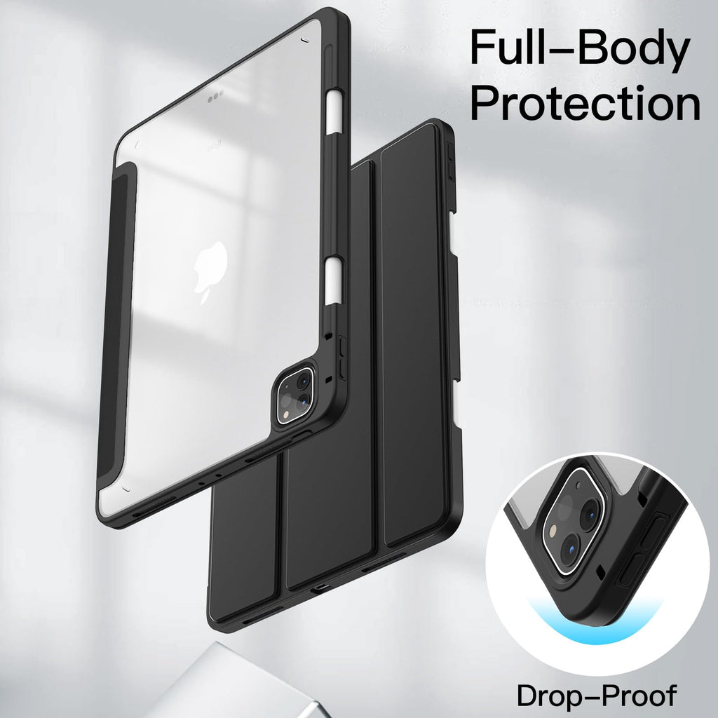 JETech Case ONLY for iPad Pro 11 Inch (2022/2021/2020/2018) with Pencil Holder, Clear Transparent Back Shell Slim Stand Shockproof Tablet Cover, Auto Wake/Sleep (Black)
