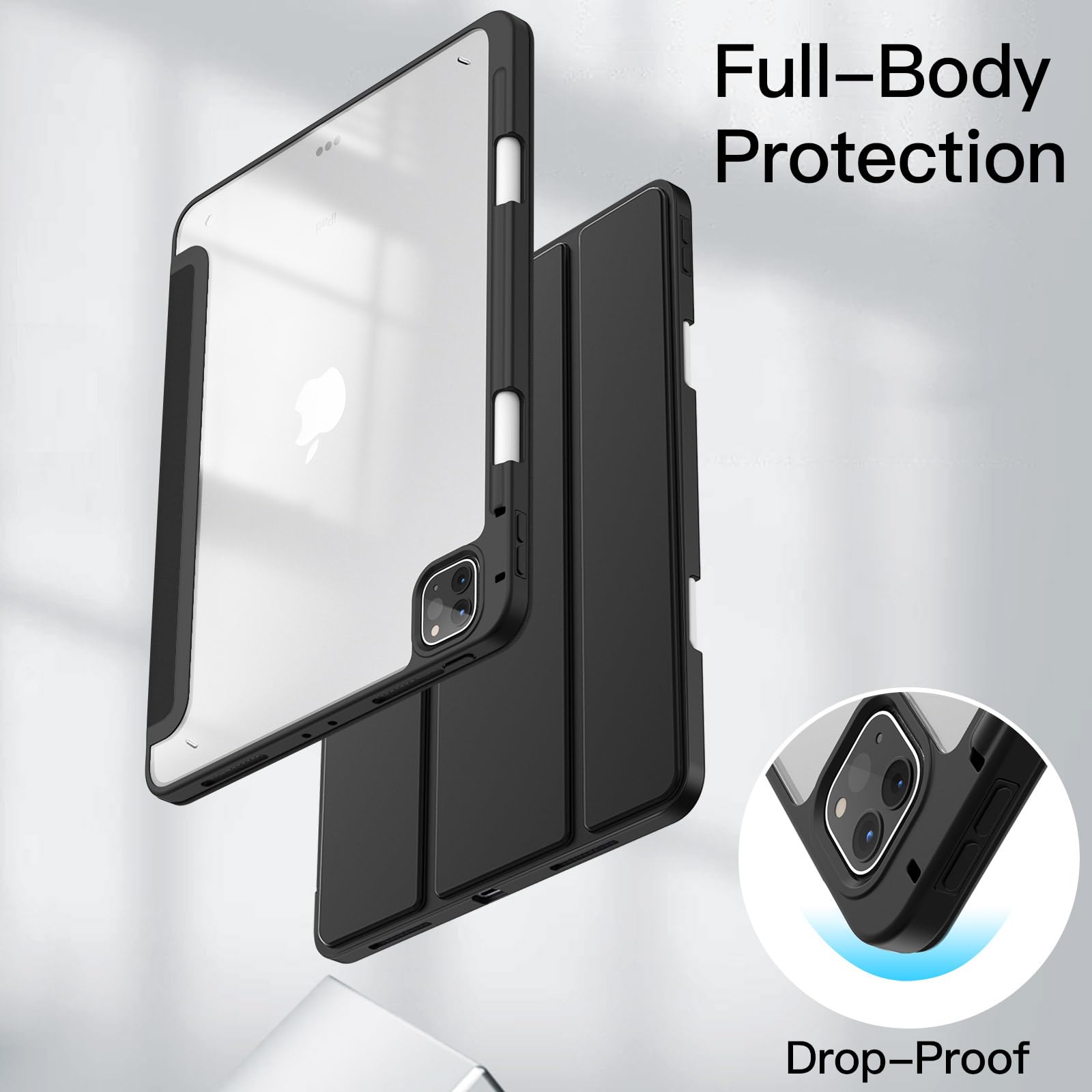 JETech Case ONLY for iPad Pro 11 Inch (2022/2021/2020/2018) with Pencil Holder, Clear Transparent Back Shell Slim Stand Shockproof Tablet Cover, Auto Wake/Sleep (Black)