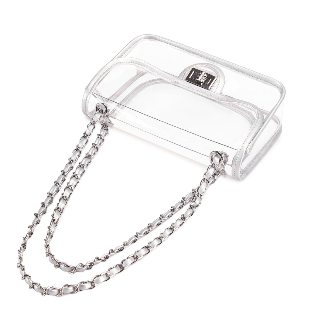 Womens PVC Clear Purse Handbag with Chain Stadium Approved Clear Bag See Through Bag for Working and Concert