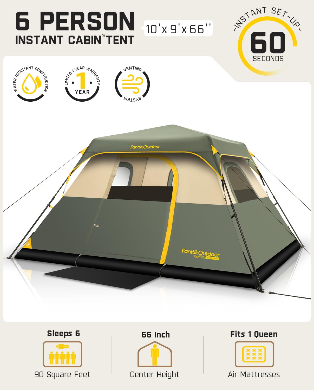 FanttikOutdoor Camping Tent 4/6/8/10 Person Instant Cabin Tent Setup in 60 Seconds with Rainfly & Windproof Portable with Carry Bag for Family Camping & Hiking, Upgraded Ventilation, Navy Blue