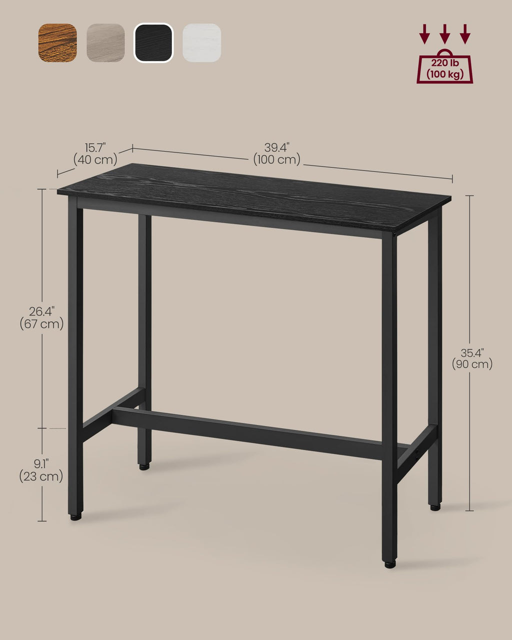 VASAGLE Bar Table, Kitchen Dining Table, High Top Pub Table, Bar Height Cocktail Table for Living Room Party, Sturdy Metal, 15.7 x 39.4 x 35.4 Inches for Narrow Spaces, Ebony Black and Ink Black