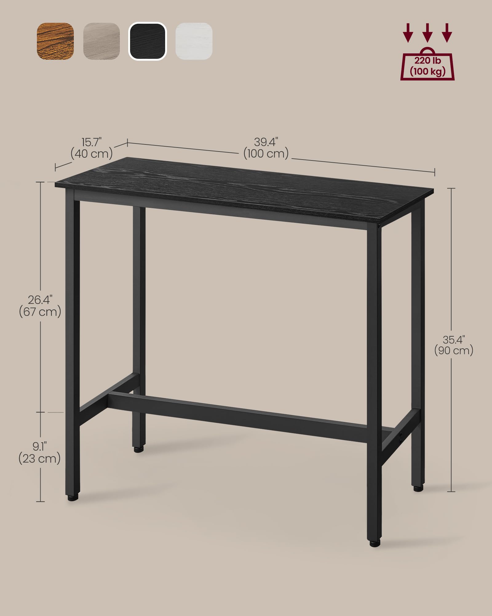 VASAGLE Bar Table, Kitchen Dining Table, High Top Pub Table, Bar Height Cocktail Table for Living Room Party, Sturdy Metal, 15.7 x 39.4 x 35.4 Inches for Narrow Spaces, Ebony Black and Ink Black