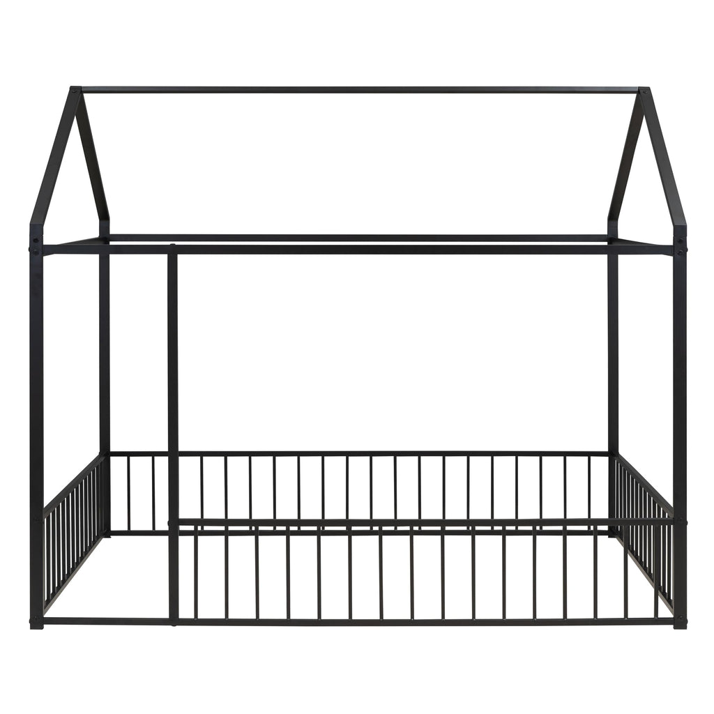 Bellemave Twin Size Montessori Floor Bed, Metal House Bed Framefor Kids, Montessori Floor Beds with Fence, Playhouse for Kids,Black