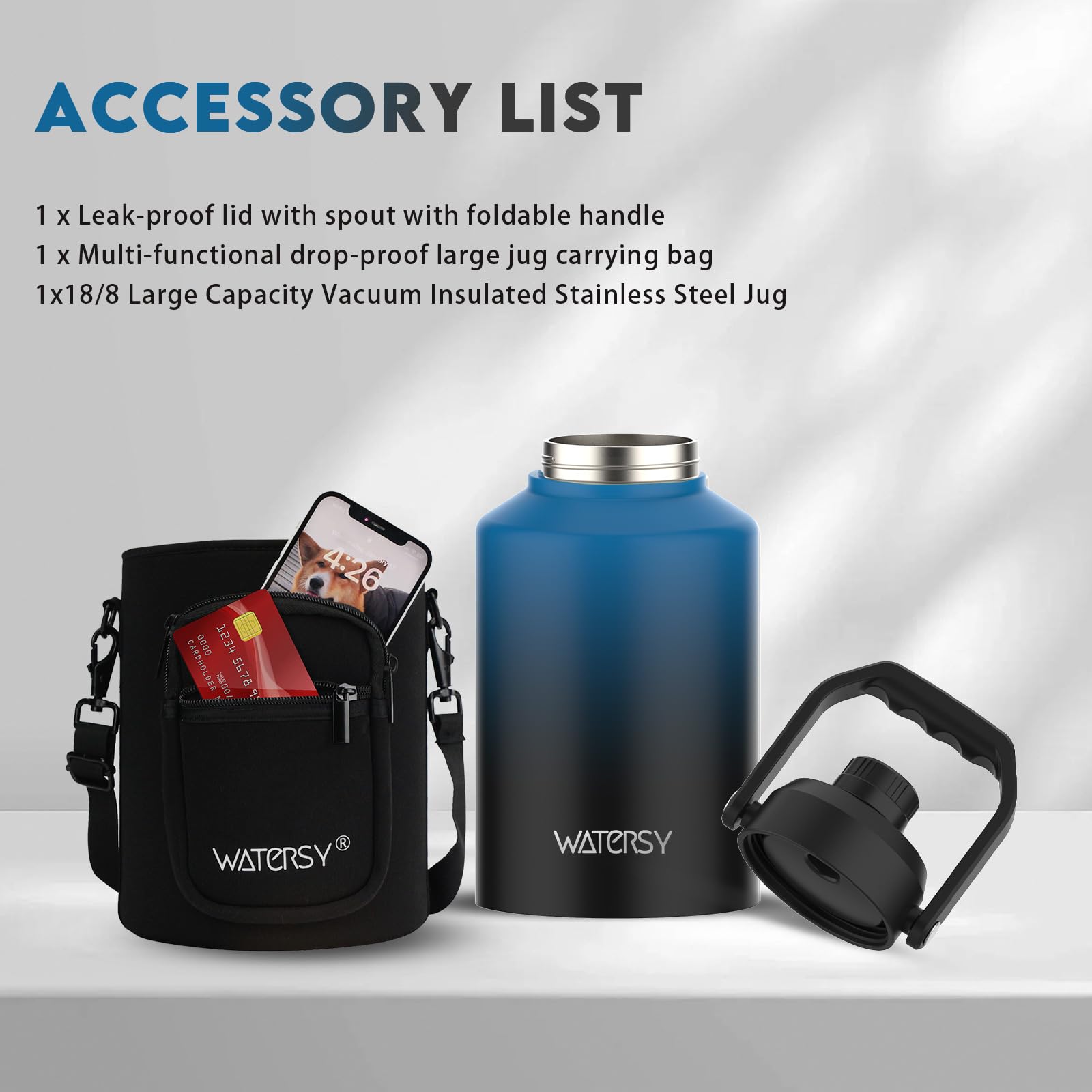 WATERSY Half Gallon Water Bottle Insulated(Cold for 48 Hrs),BPA Free&Leak Proof,64oz Stainless Steel Water Jug/Flask,Big thermo,Large Water Bottle with Handle for Gym,Hiking,Camping,Black