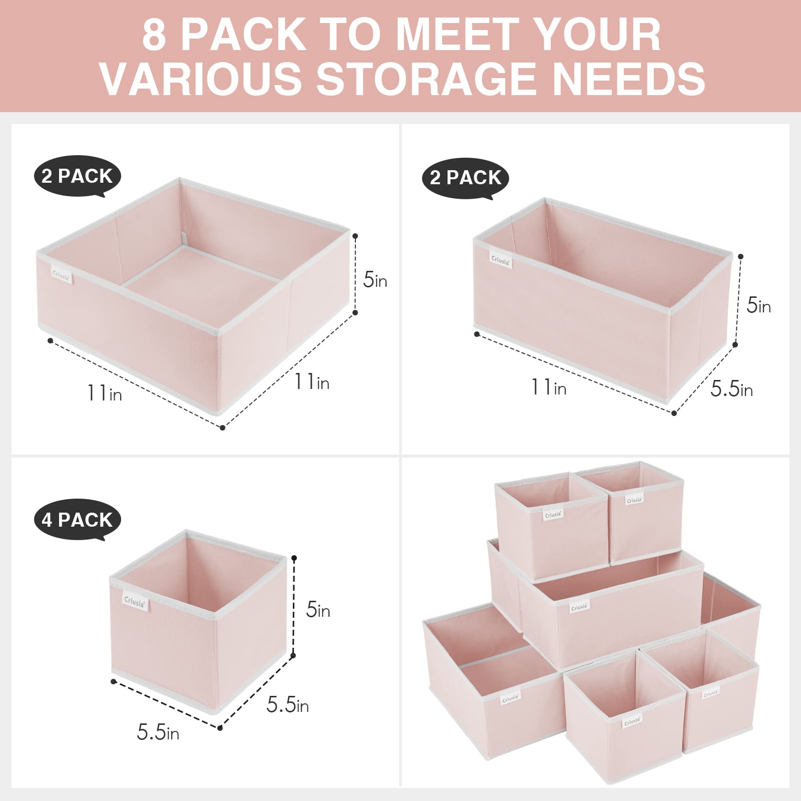 Criusia Drawer Organizer Clothes, 8 Pack Underwear Drawer Organizer, Foldable Cloth Storage Box Closet Organizers and Storage for Clothes, Socks, Scarves, Ties (Beige)