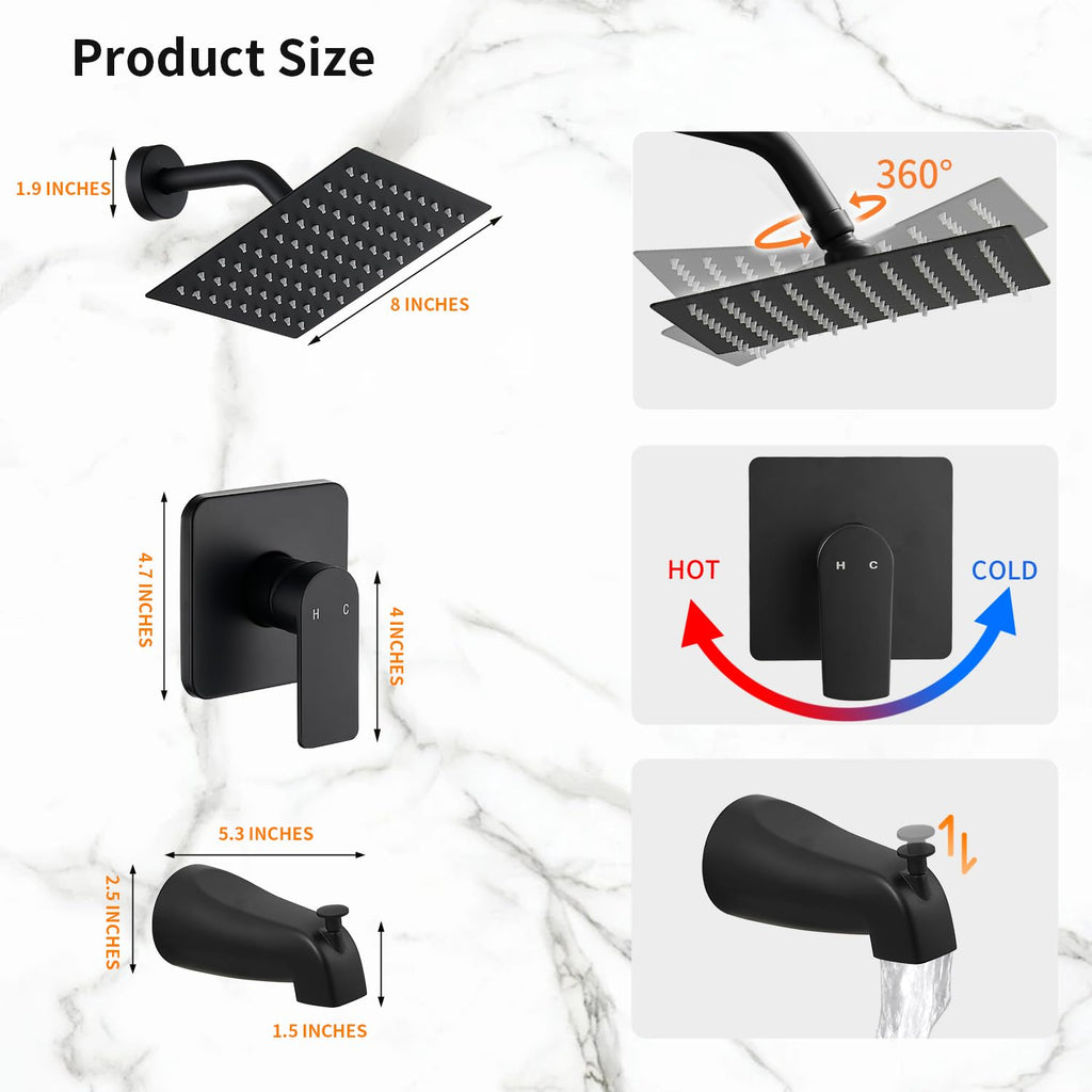 Gold Brushed Tub Shower Faucet Set With 8" Shower Head & Spout