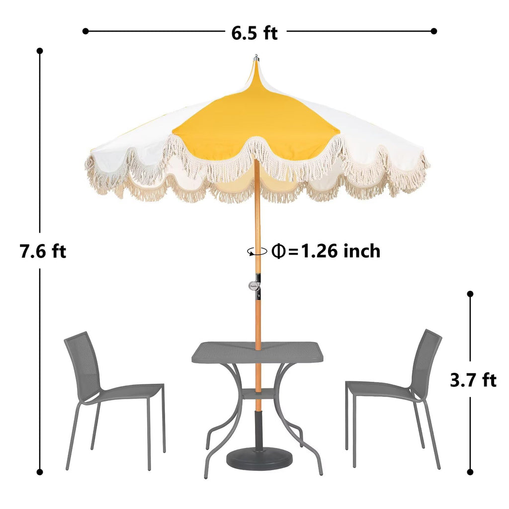 6.5ft Pagoda Beach Umbrella with Fringe, UPF 50+ Boho Umbrellas with Carry Bag, Premium Wood Pole Foldable Tassel Umbrella for Outdoor Garden Lawn Pool Yard Table