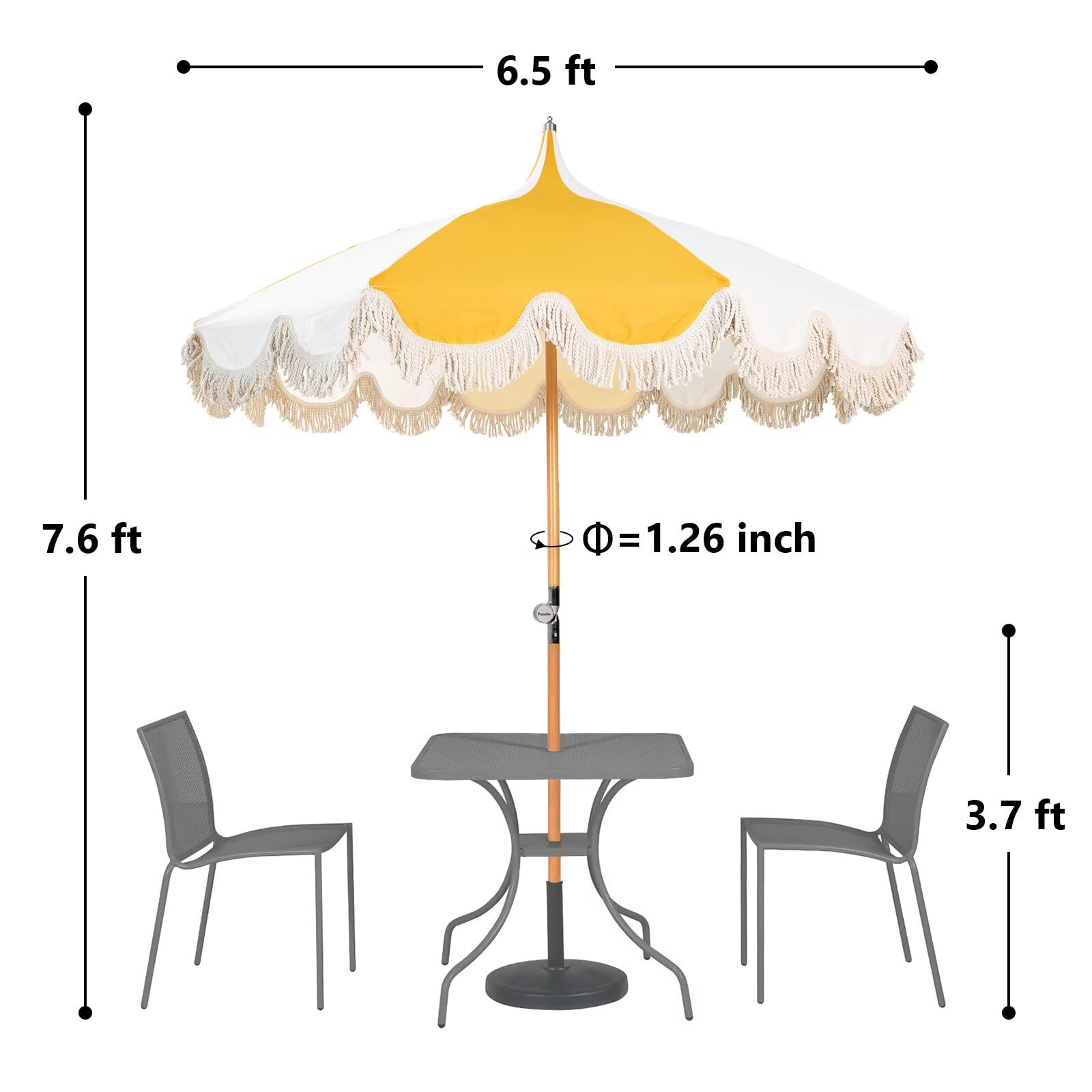 6.5ft Pagoda Beach Umbrella with Fringe, UPF 50+ Boho Umbrellas with Carry Bag, Premium Wood Pole Foldable Tassel Umbrella for Outdoor Garden Lawn Pool Yard Table