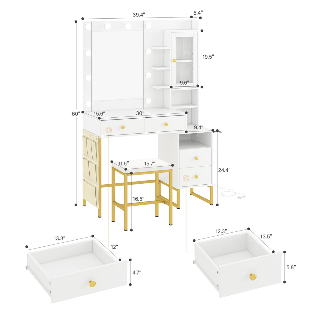 YIKEHOME Makeup Vanity Desk with Mirror and 10 Lights, 3-Colour Hollywood Brighter Bulbs, Vanity Table Set with Large Drawers and and Charging Station for Bedroom Dressing Room White