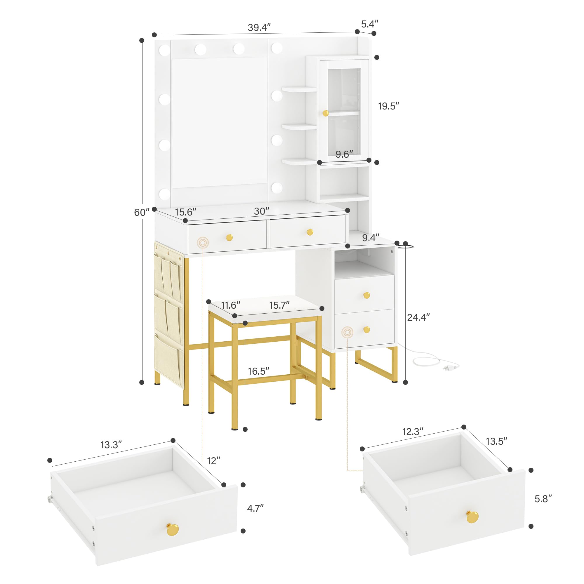 YIKEHOME Makeup Vanity Desk with Mirror and 10 Lights, 3-Colour Hollywood Brighter Bulbs, Vanity Table Set with Large Drawers and and Charging Station for Bedroom Dressing Room White