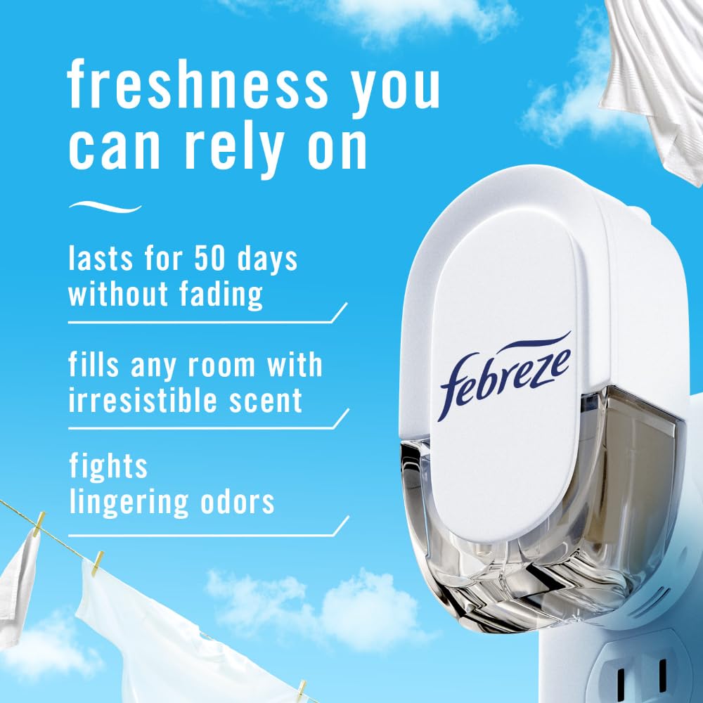 Febreze Plug in Air Freshener, Odor-Fighting Scented Oil Starter Kit, Air Fresheners for Home and Bathroom and Kitchen, Long Lasting for Strong Odors, Ocean Scent, Warmer + 2 Refill