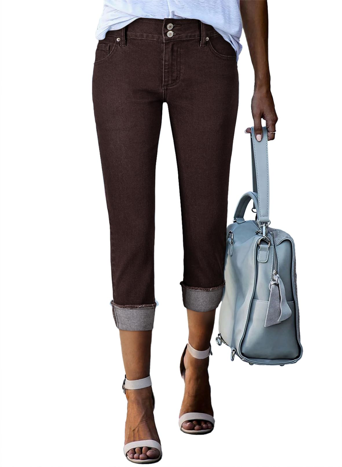 Sidefeel Women's Capri Jeans High Waisted Stretchy Roll-up Skinny Cuffed Cropped Zimbaplatinum Summer Capri Pants