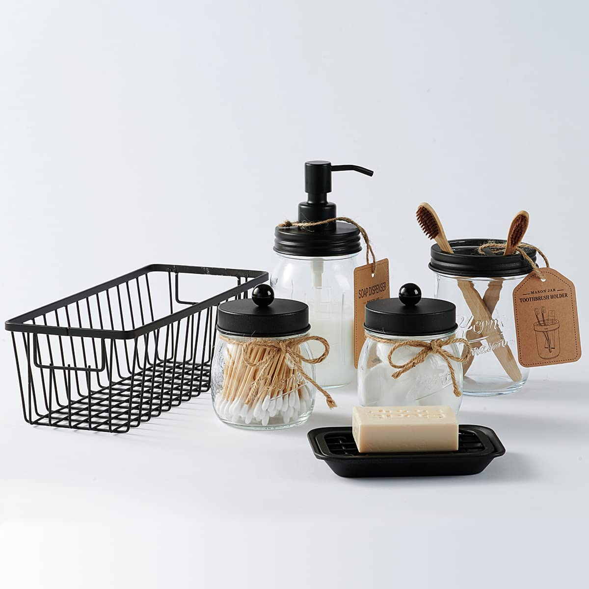 SheeChung 6Pcs Mason Jars Bathroom Accessories Set Complete - Toothbrush Holder, Lotion Soap Dispenser, 2 Mason Jars, Soap Dish, Toilet Paper Basket, Rustic Farmhouse Decor (Black, 6Pcs Bathroom Set)