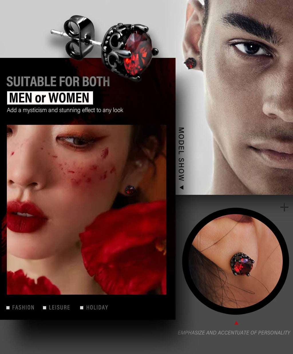 Retro Dark Shadow Stud Earrings, Hypoallergenic Stainless Steel Cubic Zirconia Earrings