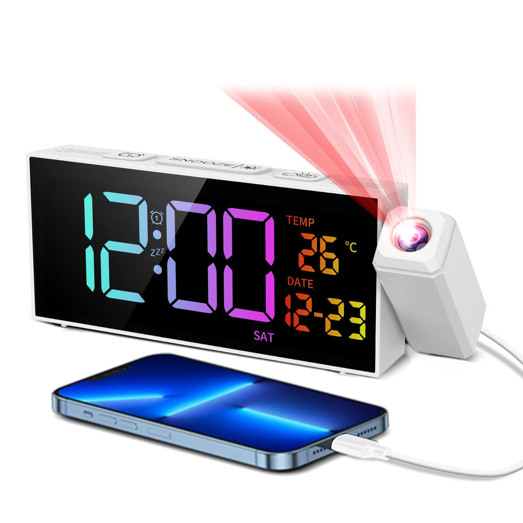 Netzu Projection Clock for Bedroom Ceiling, Alarm Clocks with 180° Rotatable Projector, Date Temperature and Weekday, Manual DST, 5 Brightness, 10 Ringtones, 4 Volumes and Snooze (Black)