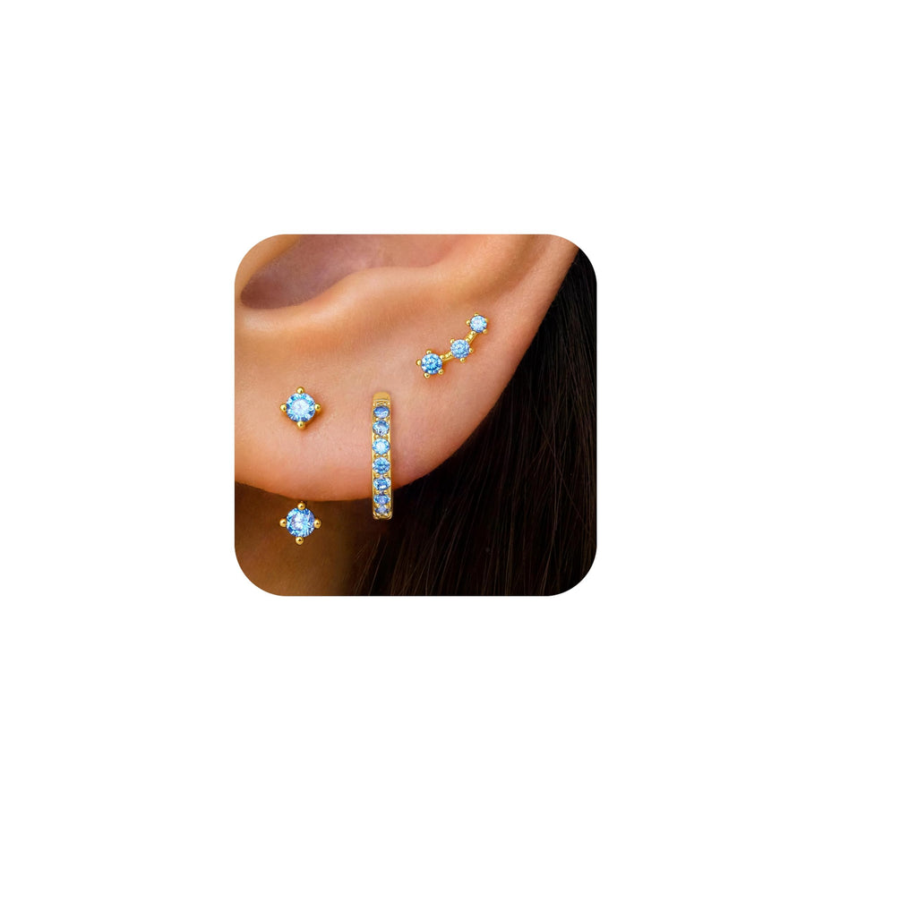 3 Pairs Dainty Small Earrings Set for Women Trendy, Birthstone Stud Huggie Hoop Jacket Stack for Cartilage Helix, Gold Plated Hypoallergenic Cute Women Fashion Accessories Western Jewelry Gifts
